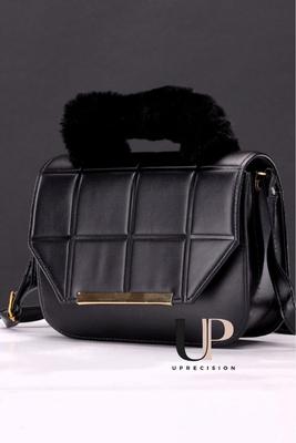 Black Rexine Crossbody Bag with Faux Fur Handle for Girls