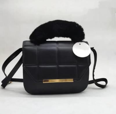 Black Rexine Crossbody Bag with Faux Fur Handle for Girls